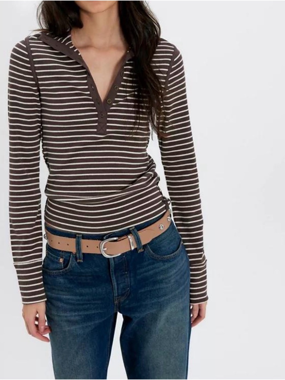 Free People We The Free Lake Henley Stripe Top Chocolate Combo M NWT $68
